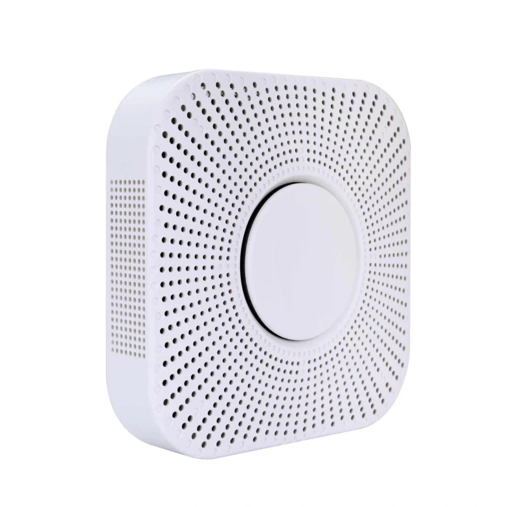 سنسور کیفیت هوا HDL مدل MAIR-Q/H.10 سری AirKit با بدنه سفید مشبک، طراحی مربعی با گوشه‌های گرد و نشانگر نوری دایره‌ای در مرکز