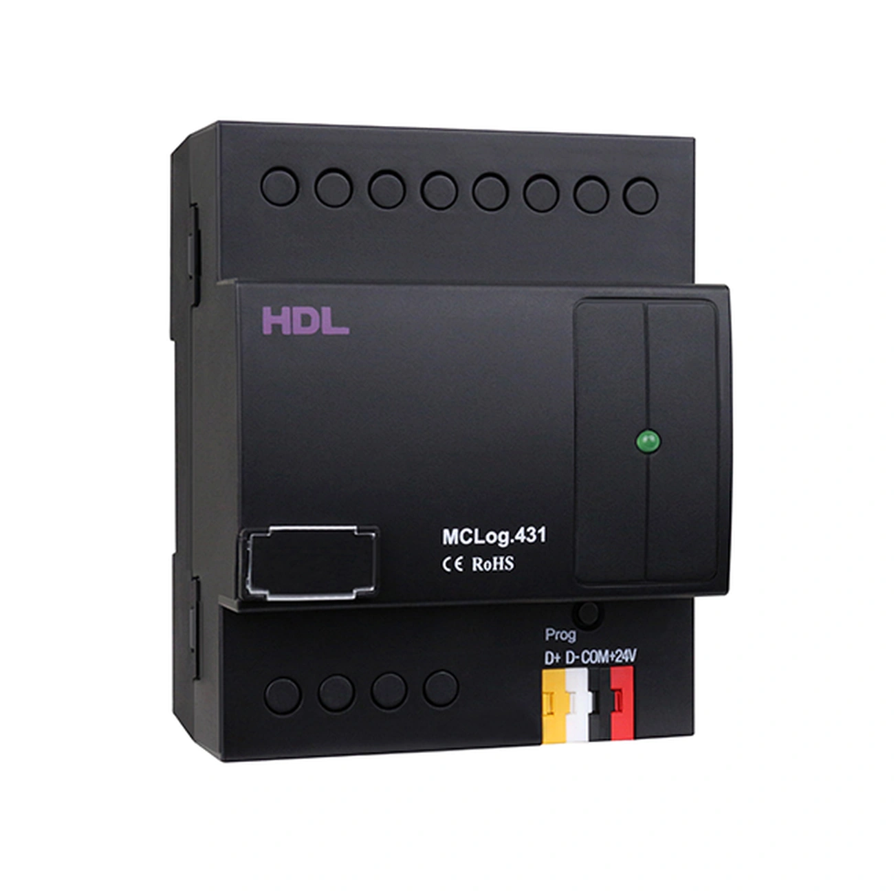 hdl-mclog-431-logic-module-front-right-three-quarter-03 ماژول کنترل منطقی HDL مدل MCLog.431 با بدنه مشکی، نشانگر وضعیت روی پنل جلویی و ترمینال چهارپین Buspro در بخش پایین