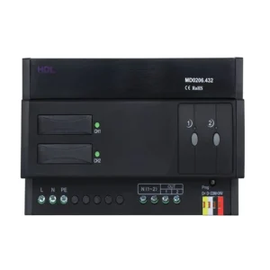 ماژول دیمر هوشمند TRIAC چهار کانال ۳ آمپر HDL مدل MD0403.432 با بدنه مشکی، چهار کلید بای‌پس، نشانگرهای وضعیت و ترمینال Buspro