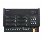 ماژول دیمر هوشمند TRIAC شش کانال ۲ آمپر HDL مدل MD0602.432 با بدنه مشکی، شش کلید بای‌پس، نشانگرهای وضعیت، فیوزهای حفاظتی و رابط Buspro