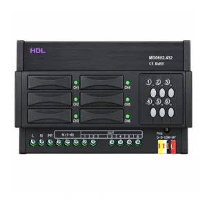 ماژول دیمر هوشمند TRIAC شش کانال ۲ آمپر HDL مدل MD0602.432 با بدنه مشکی، شش کلید بای‌پس، نشانگرهای وضعیت، فیوزهای حفاظتی و رابط Buspro