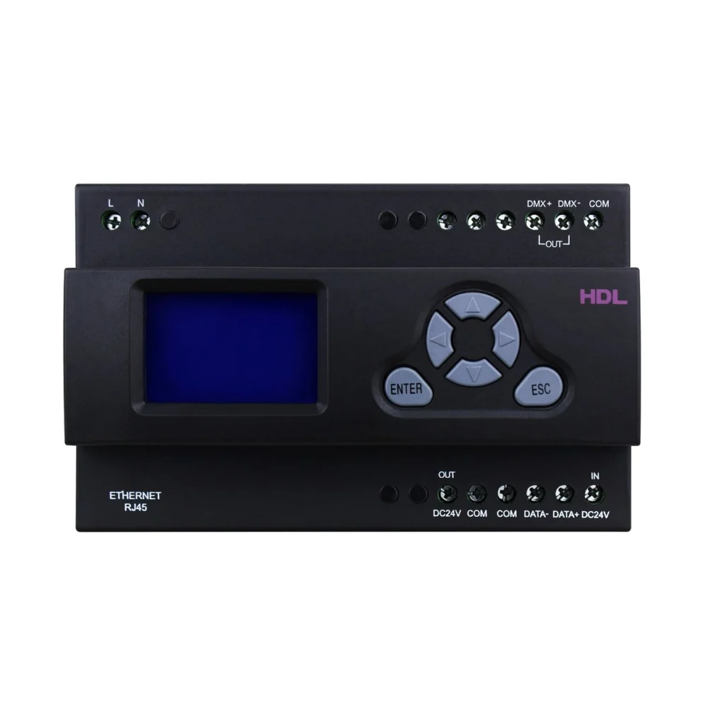 کنترلر DMX512 هوشمند HDL مدل MD512 DMX.232 با نمایشگر LCD و کلیدهای کنترلی برای مدیریت سیستم نورپردازی DMX