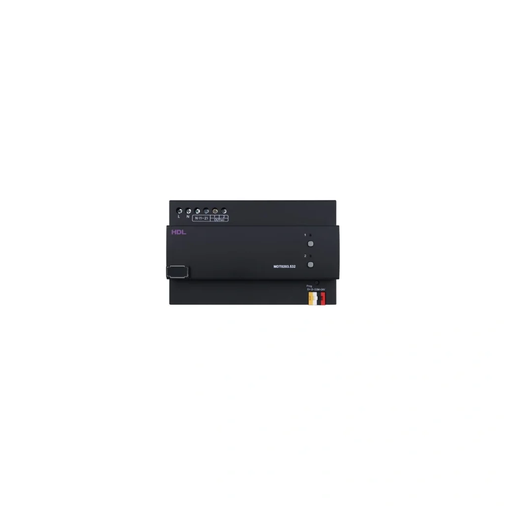 ماژول دیمر هوشمند MOSFET دو کانال ۳ آمپر HDL مدل MDT0203.532 با بدنه مشکی، کلیدهای بای‌پس، نشانگرهای وضعیت و رابط Buspro