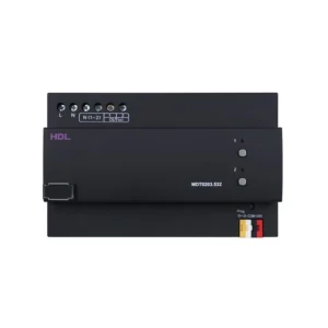 ماژول دیمر هوشمند MOSFET دو کانال ۳ آمپر HDL مدل MDT0203.532 با بدنه مشکی، کلیدهای بای‌پس، نشانگرهای وضعیت و رابط Buspro