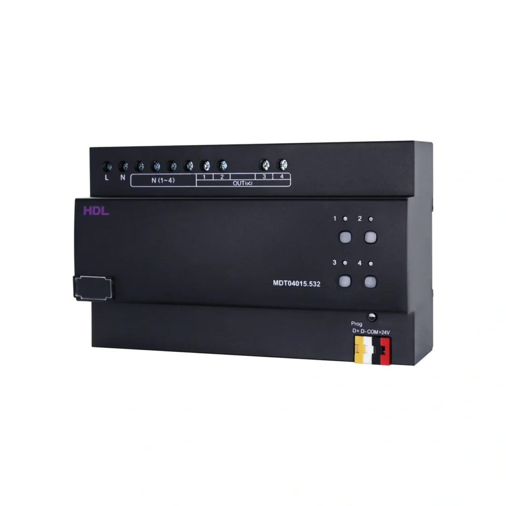 ماژول دیمر هوشمند MOSFET چهار کانال ۱٫۵ آمپر HDL مدل MDT04015.532 با کلیدهای بای‌پس، نشانگرهای وضعیت و ترمینال‌های اتصال Buspro