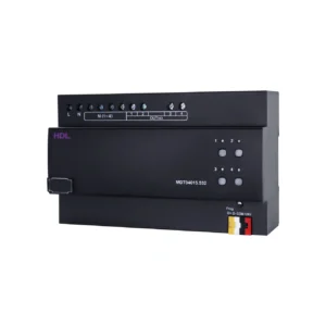 ماژول دیمر هوشمند MOSFET چهار کانال ۱٫۵ آمپر HDL مدل MDT04015.532 با کلیدهای بای‌پس، نشانگرهای وضعیت و ترمینال‌های اتصال Buspro