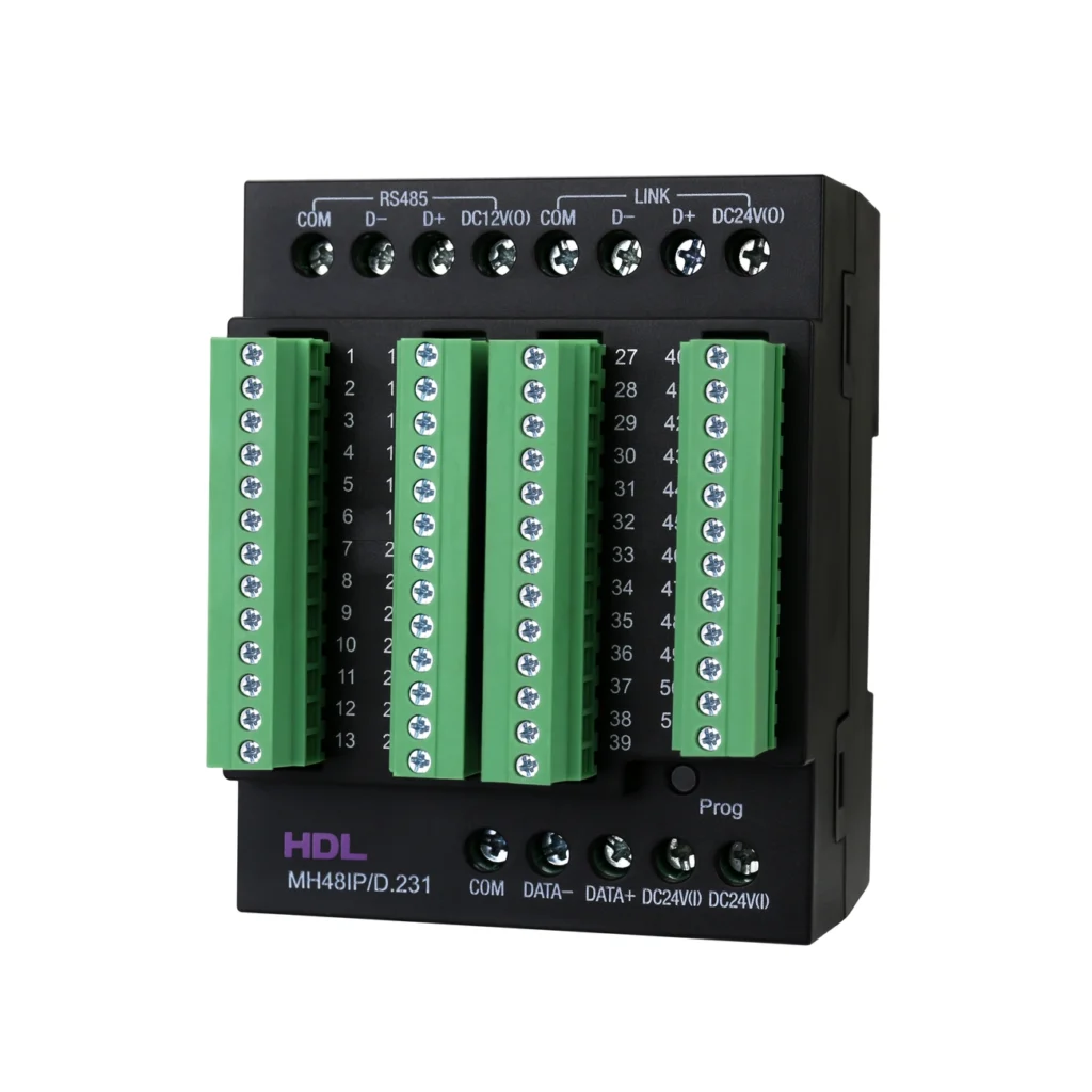کنترلر اتاق هتل HDL مدل MH48IP/D.231 با بدنه مشکی، ترمینال‌های متعدد ورودی و خروجی، پورت RJ45 و رابط Buspro