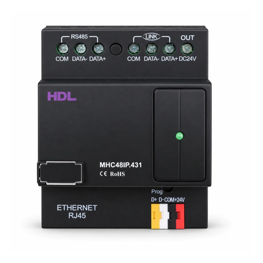 کنترلر اتاق هتل HDL مدل MHC48IP.431 با بدنه مشکی، پورت شبکه RJ45، ترمینال Buspro و ترمینال‌های اتصال در قسمت بالای ماژول