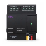 کنترلر اتاق هتل HDL مدل MHC48IP.431 با بدنه مشکی، پورت شبکه RJ45، ترمینال Buspro و ترمینال‌های اتصال در قسمت بالای ماژول