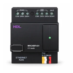 کنترلر اتاق هتل HDL مدل MHC48IP.431 با بدنه مشکی، پورت شبکه RJ45، ترمینال Buspro و ترمینال‌های اتصال در قسمت بالای ماژول