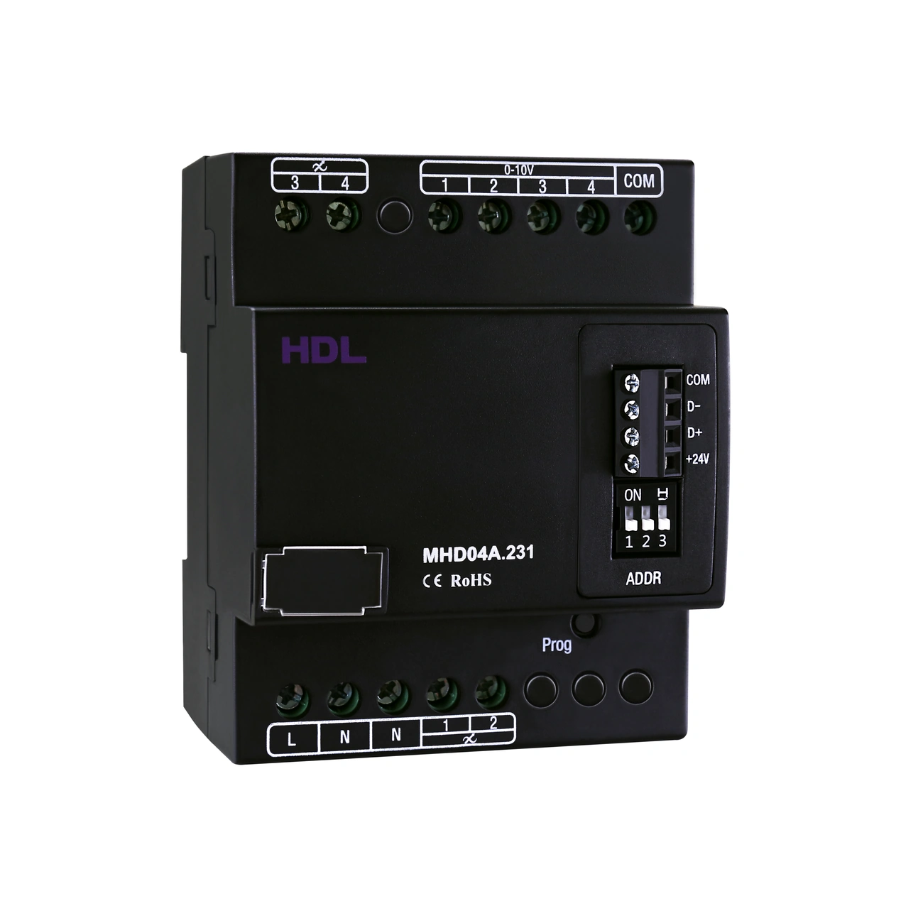 hdl-mhd04a-231-dimmer-front-left-03 دیمر ۴ کانال ۰٫۵ آمپر HDL مدل MHD04A.231 با بدنه مشکی، ترمینالهای بالا و پایین، کلیدهای Dial Code و نشانگر وضعیت