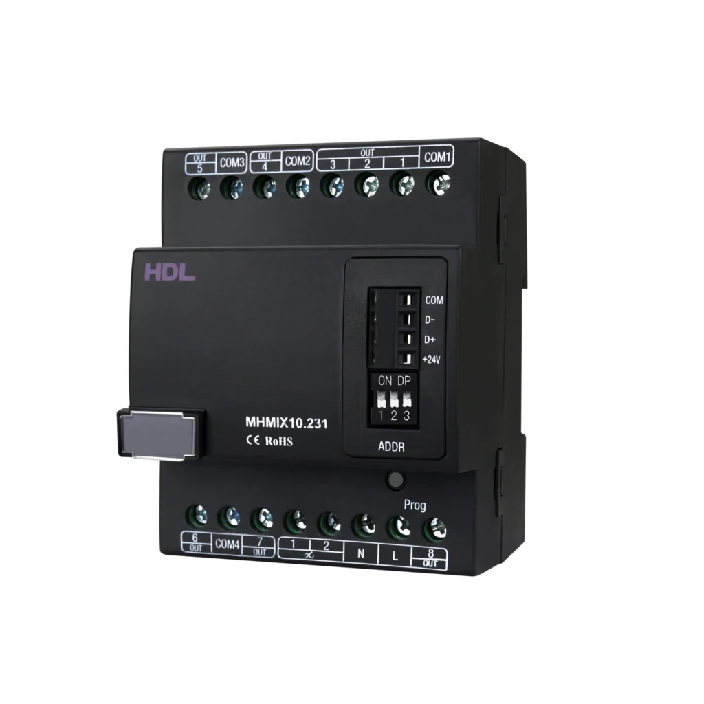 ماژول میکس ۱۰ کانال HDL مدل MHMIX10.231 با بدنه مشکی، ترمینال‌های خروجی در بالا و پایین، کلیدهای Dial Code و دکمه Programming