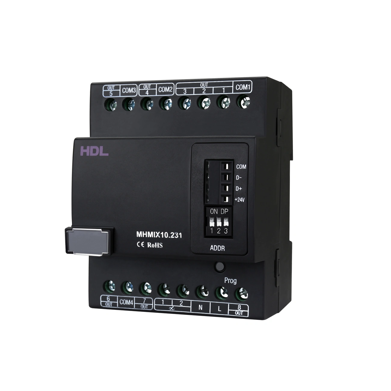 hdl-mhmix10-231-mix-controller-front-right-02 ماژول میکس ۱۰ کانال HDL مدل MHMIX10.231 با بدنه مشکی، ترمینالهای خروجی در بالا و پایین، کلیدهای Dial Code و دکمه Programming