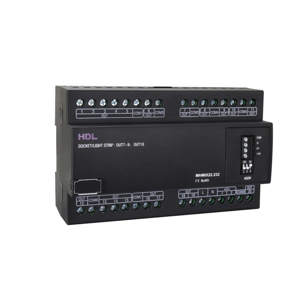 ماژول میکس ۲۲ کانال HDL مدل MHMIX22.232 با بدنه مشکی، ترمینال‌های متعدد ورودی و خروجی و کلیدهای Dial Code