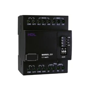 رله ۵ کانال اضطراری HDL مدل MHR05L.231 با بدنه مشکی، ترمینالهای ورودی و خروجی، کلیدهای Dial Code و دکمه Programming