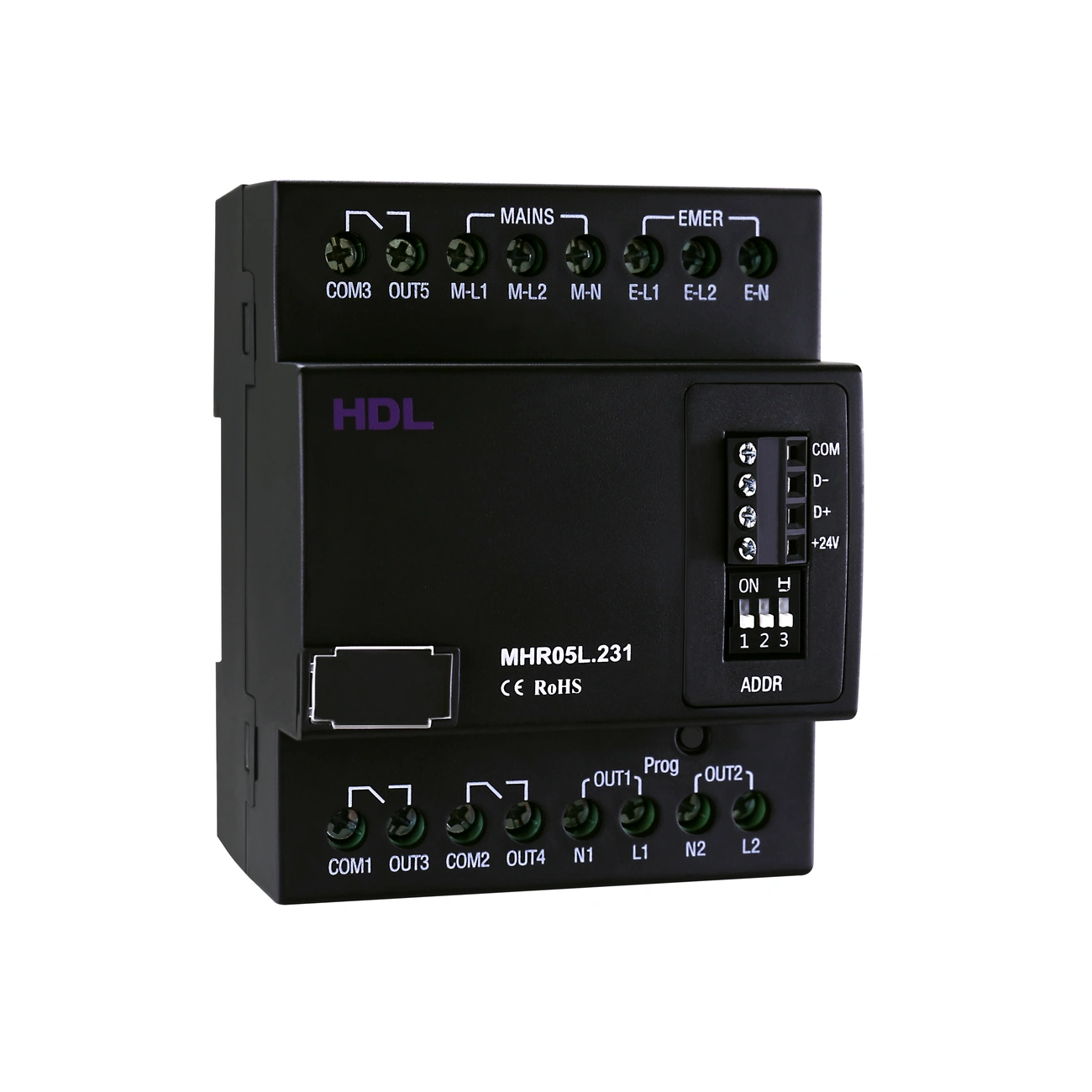 hdl-mhr05l-231-controller-front-left-03 رله ۵ کانال اضطراری HDL مدل MHR05L.231 با بدنه مشکی، ترمینالهای ورودی و خروجی، کلیدهای Dial Code و دکمه Programming