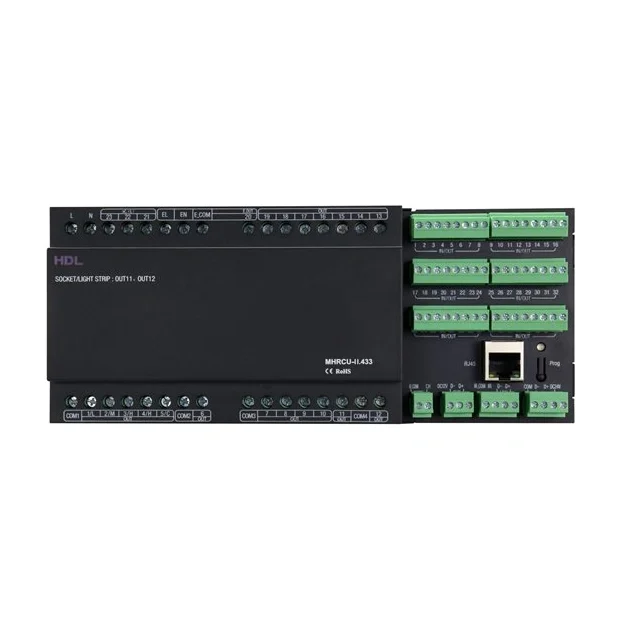 hdl-mhrcu-ii-433-hotel-room-control-host-front-01 کنترلر مرکزی اتاق هتل HDL مدل MHRCU-II.433 با بدنه مشکی، ترمینالهای متعدد، ۴۸ کنتاکت خشک، پورت RJ45 و رابط Buspro