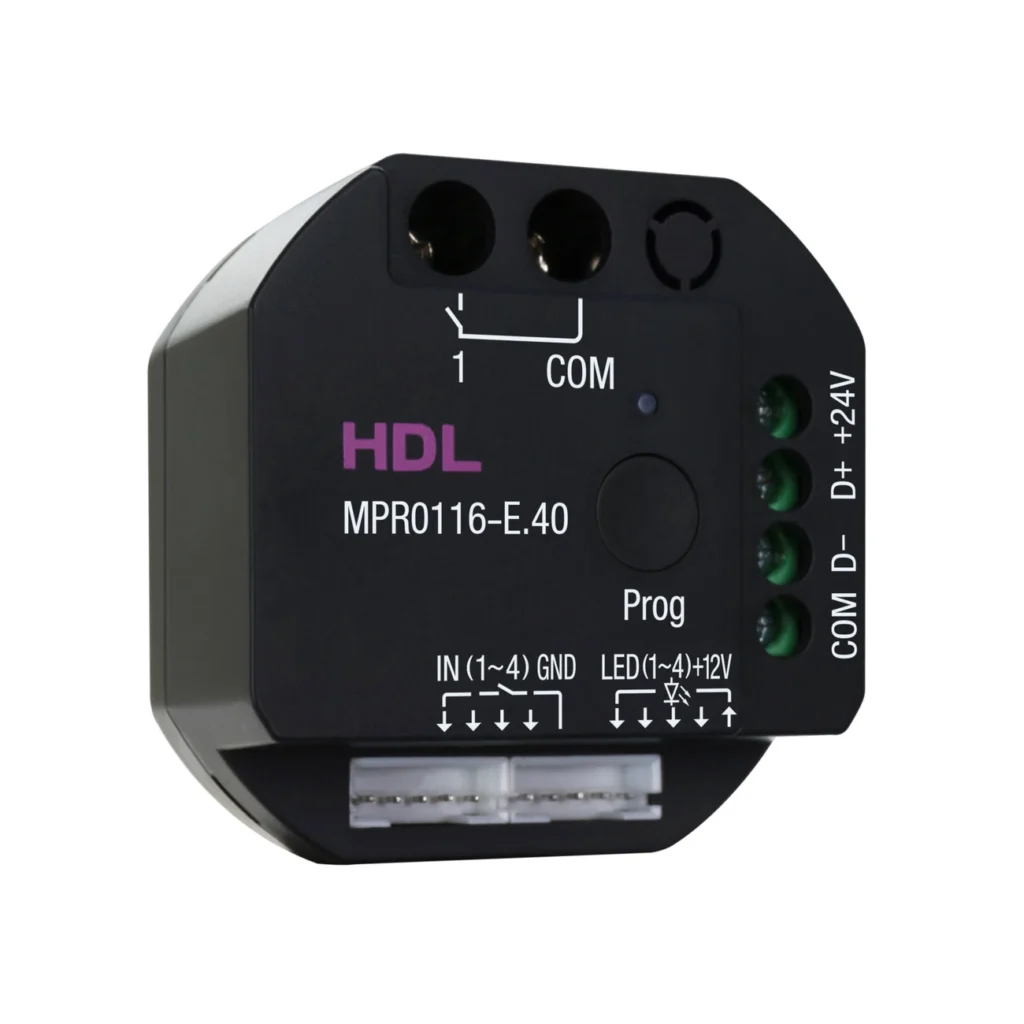 ماژول رله هوشمند توکار ۱ کانال ۱۶ آمپر HDL مدل MPR0116-E.40 با بدنه مشکی، ترمینال خروجی رله، کلید برنامهریزی و رابط Buspro