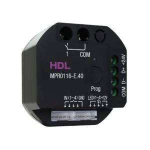 ماژول رله هوشمند توکار ۱ کانال ۱۶ آمپر HDL مدل MPR0116-E.40 با بدنه مشکی، ترمینال خروجی رله، کلید برنامه‌ریزی و رابط Buspro