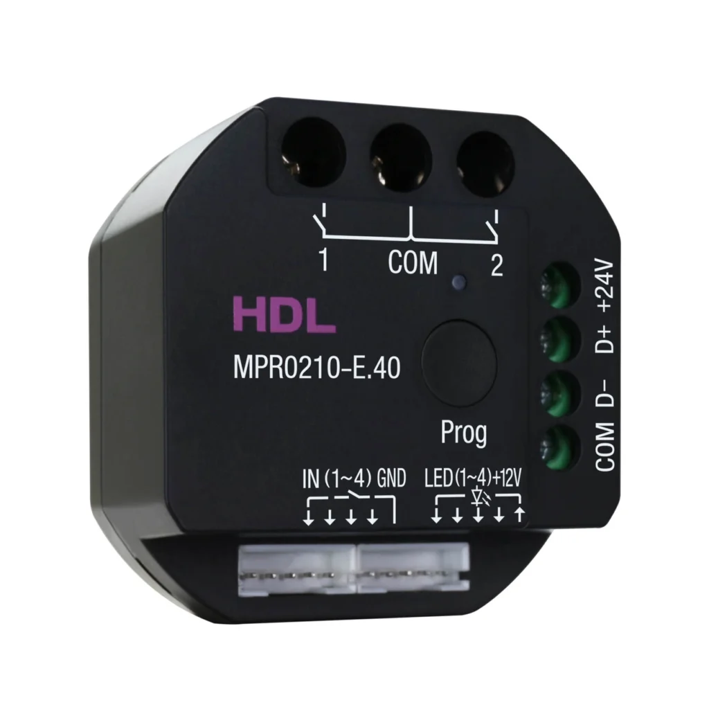 ماژول رله هوشمند توکار ۲ کانال ۱۰ آمپر HDL مدل MPR0210-E.40 با بدنه مشکی، ترمینال‌های رله، ورودی کنتاکت خشک و رابط Buspro
