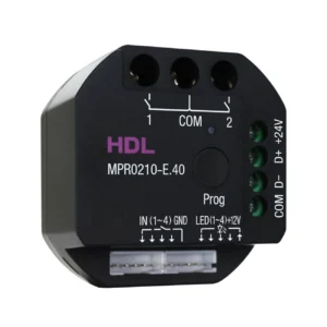 ماژول رله هوشمند توکار ۲ کانال ۱۰ آمپر HDL مدل MPR0210-E.40 با بدنه مشکی، ترمینال‌های رله، ورودی کنتاکت خشک و رابط Buspro
