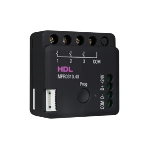 ماژول رله هوشمند توکار ۳ کانال ۱۰ آمپر HDL مدل MPR0310.40 با بدنه مشکی، ترمینال‌های سه خروجی رله، کلید برنامه‌ریزی و رابط Buspro