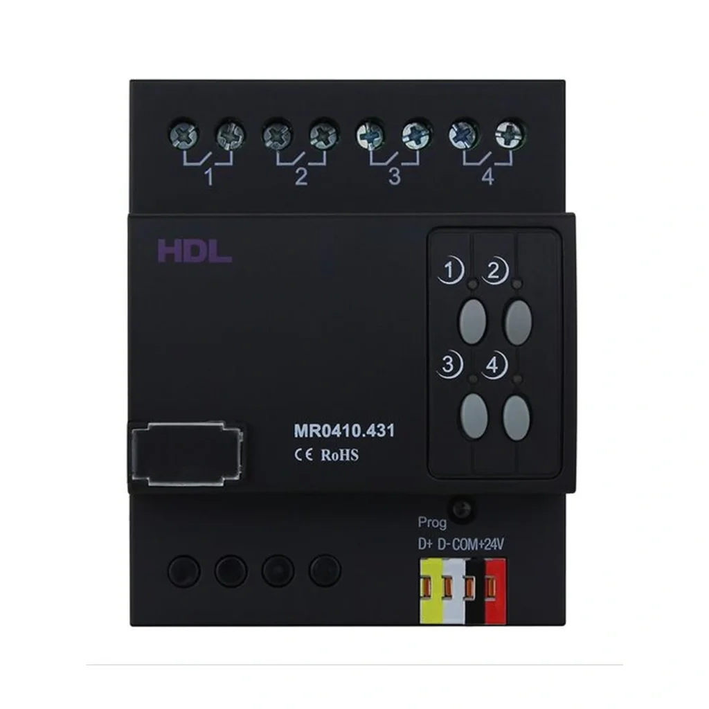 ماژول رله هوشمند ۴ کانال ۱۰ آمپر HDL مدل MR0410.431 با بدنه مشکی، کلیدهای کنترل دستی، ترمینال‌های خروجی و رابط Buspro