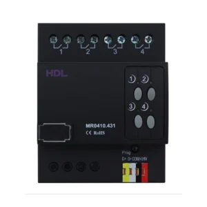 ماژول رله هوشمند ۴ کانال ۱۰ آمپر HDL مدل MR0410.431 با بدنه مشکی، کلیدهای کنترل دستی، ترمینال‌های خروجی و رابط Buspro