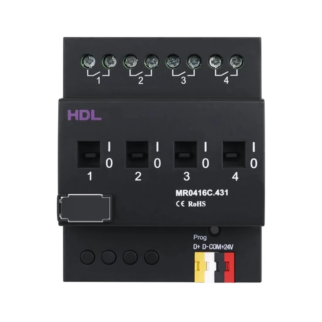 ماژول رله هوشمند چهار کانال ۱۶ آمپر HDL مدل MR0416C.431 با بدنه مشکی، کلیدهای کنترل دستی و ترمینال اتصال Buspro