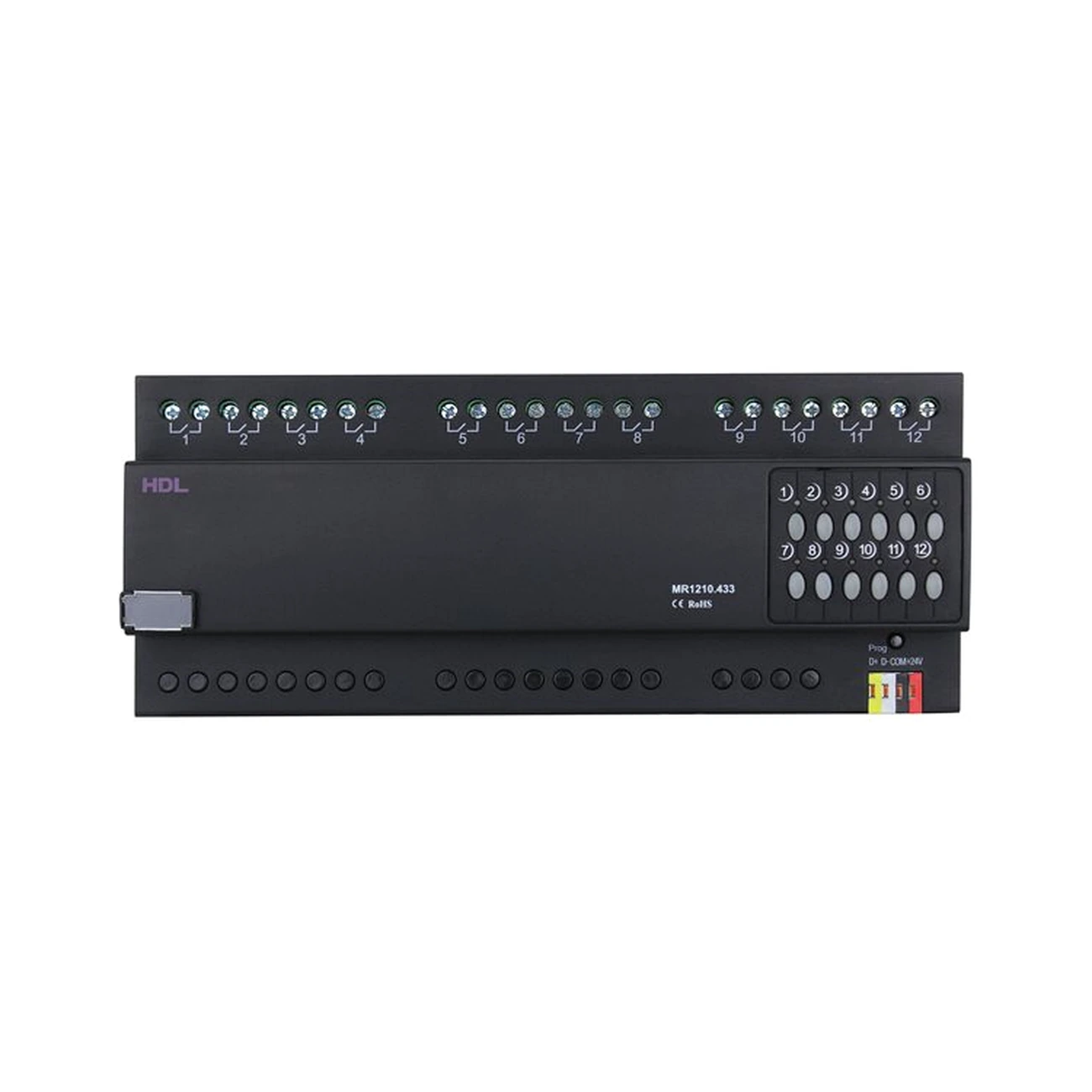 hdl-mr1210-433-switch-actuator-view-03 ماژول رله هوشمند ۱۲ کانال ۱۰ آمپر HDL مدل MR1210.433 با کلیدهای کنترل دستی، نشانگرهای وضعیت، ترمینالهای خروجی و رابط Buspro