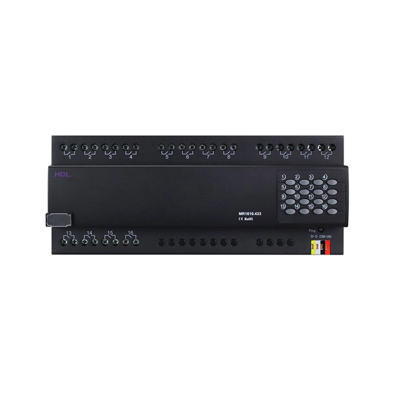 hdl-mr1610-433-switch-actuator-front-05 ماژول رله هوشمند ۱۶ کانال ۱۰ آمپر HDL مدل MR1610.433 با بدنه مشکی، کلیدهای کنترل دستی، نشانگرهای وضعیت و ترمینال اتصال Buspro