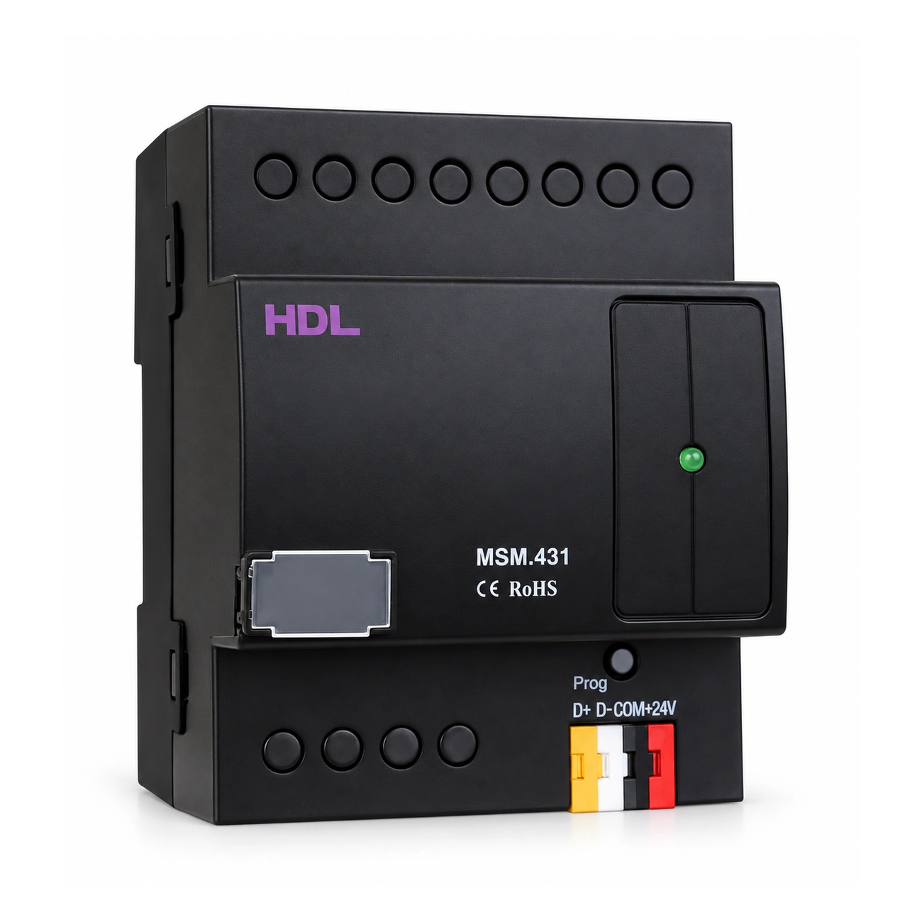hdl-msm-431-module-front-left-02 ماژول امنیتی HDL مدل MSM.431 با بدنه مشکی، نشانگر LED روی پنل جلویی و ترمینال رنگی Buspro در قسمت پایین