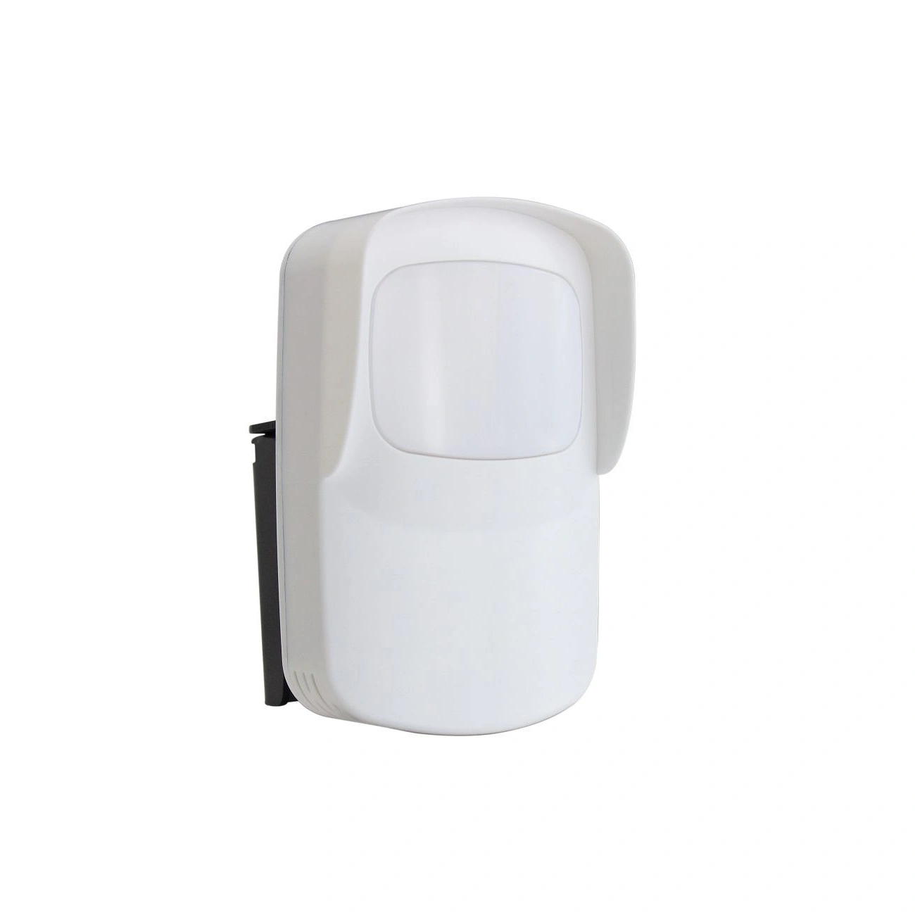 hdl-msout-4w-motion-sensor-front-left-three-quarter-01 سنسور فضای باز HDL مدل MSOUT.4W با بدنه سفید مستطیلی، حسگر مایکروویو در قسمت جلو و پایه مشکی قابل تنظیم برای نصب بیرونی