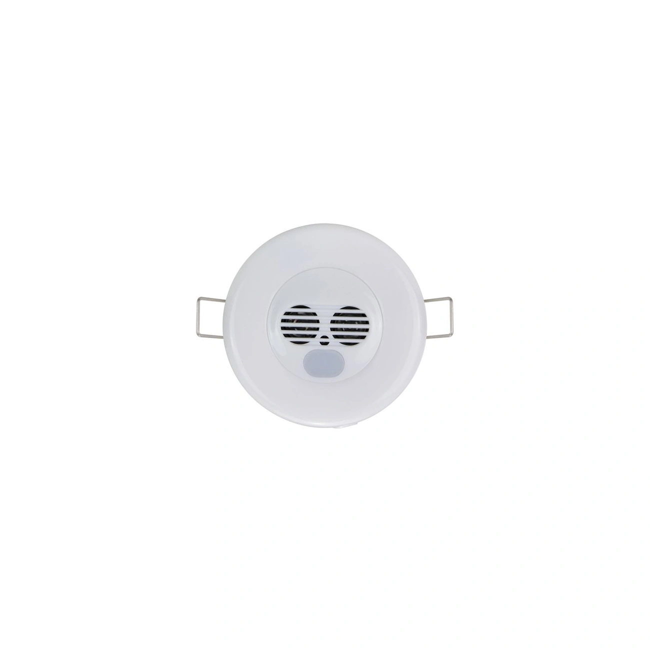 hdl-mspu03-4c-ultrasonic-sensor-front-03 سنسور اولتراسونیک HDL مدل MSPU03.4C با بدنه گرد سفید، دریچههای حسگر در مرکز و گیرههای فنری برای نصب توکار سقفی