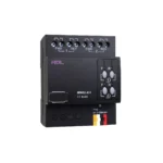 ماژول کنترل دو پرده HDL مدل MW02.431 با بدنه مشکی، کلیدهای دستی F و R، نشانگرهای LED و ترمینالهای اتصال موتور و Buspro