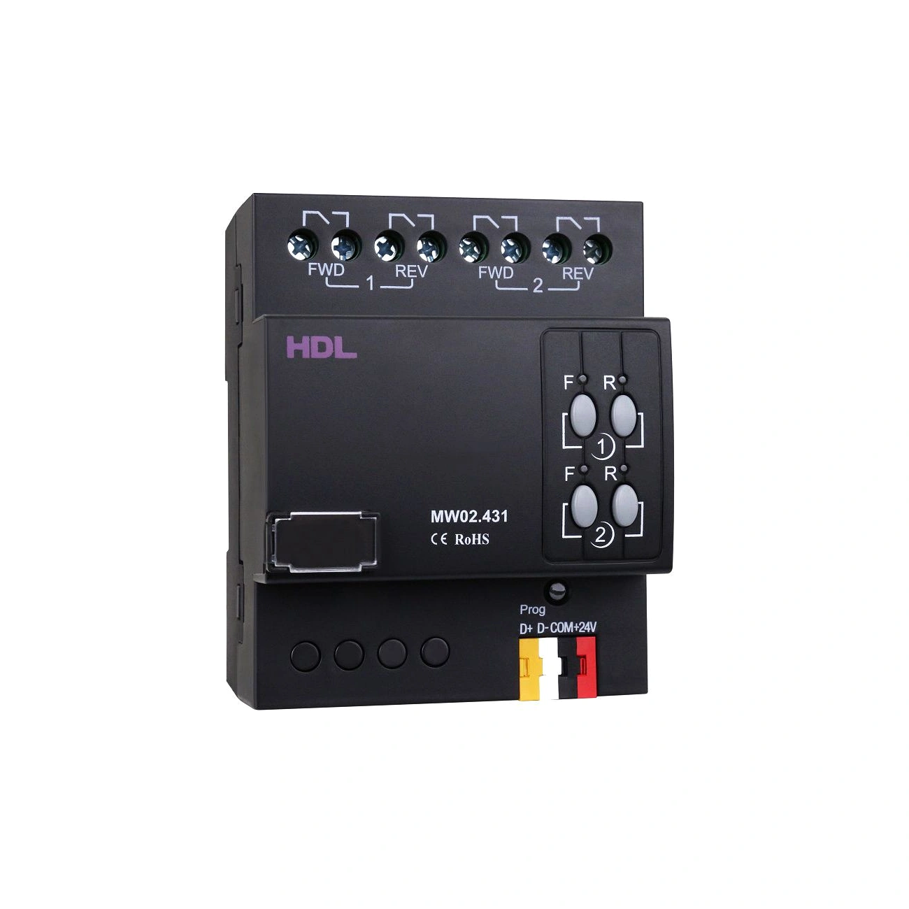 hdl-mw02-431-curtain-module-front-left-three-quarter-02 ماژول کنترل دو پرده HDL مدل MW02.431 با بدنه مشکی، کلیدهای دستی F و R، نشانگرهای LED و ترمینالهای اتصال موتور و Buspro
