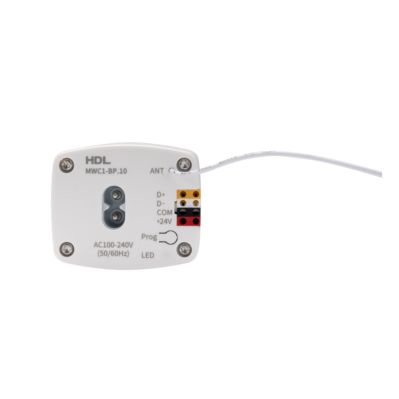 hdl-mwc1-bp-10-curtain-motor-connector-detail-02 موتور پرده هوشمند HDL مدل MWC1-BP.10 با بدنه کشیده سفید، محور اتصال به ریل و کابل برق