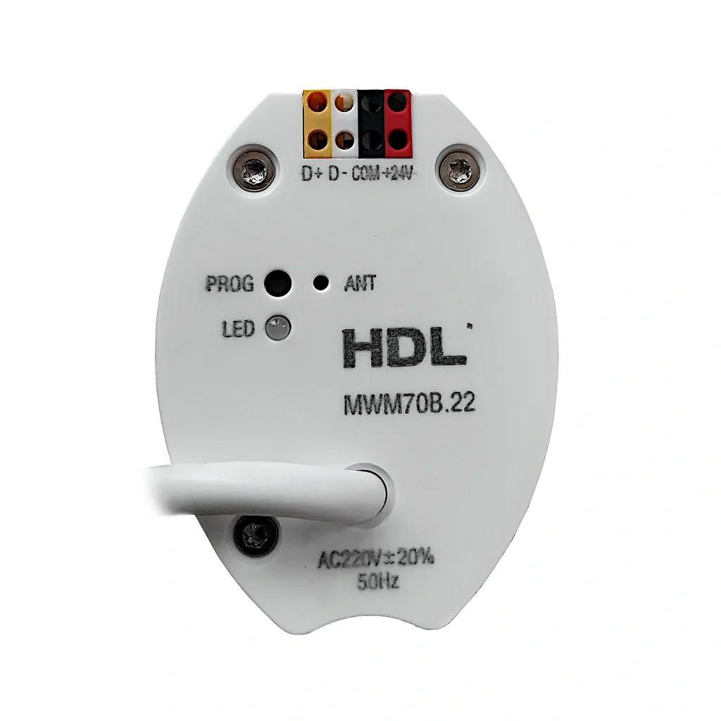 موتور پرده هوشمند HDL مدل MWM70B.22 با بدنه استوانه‌ای سفید، محور اتصال به ریل و کابل برق