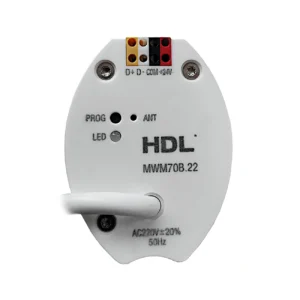 موتور پرده هوشمند HDL مدل MWM70B.22 با بدنه استوانهای سفید، محور اتصال به ریل و کابل برق