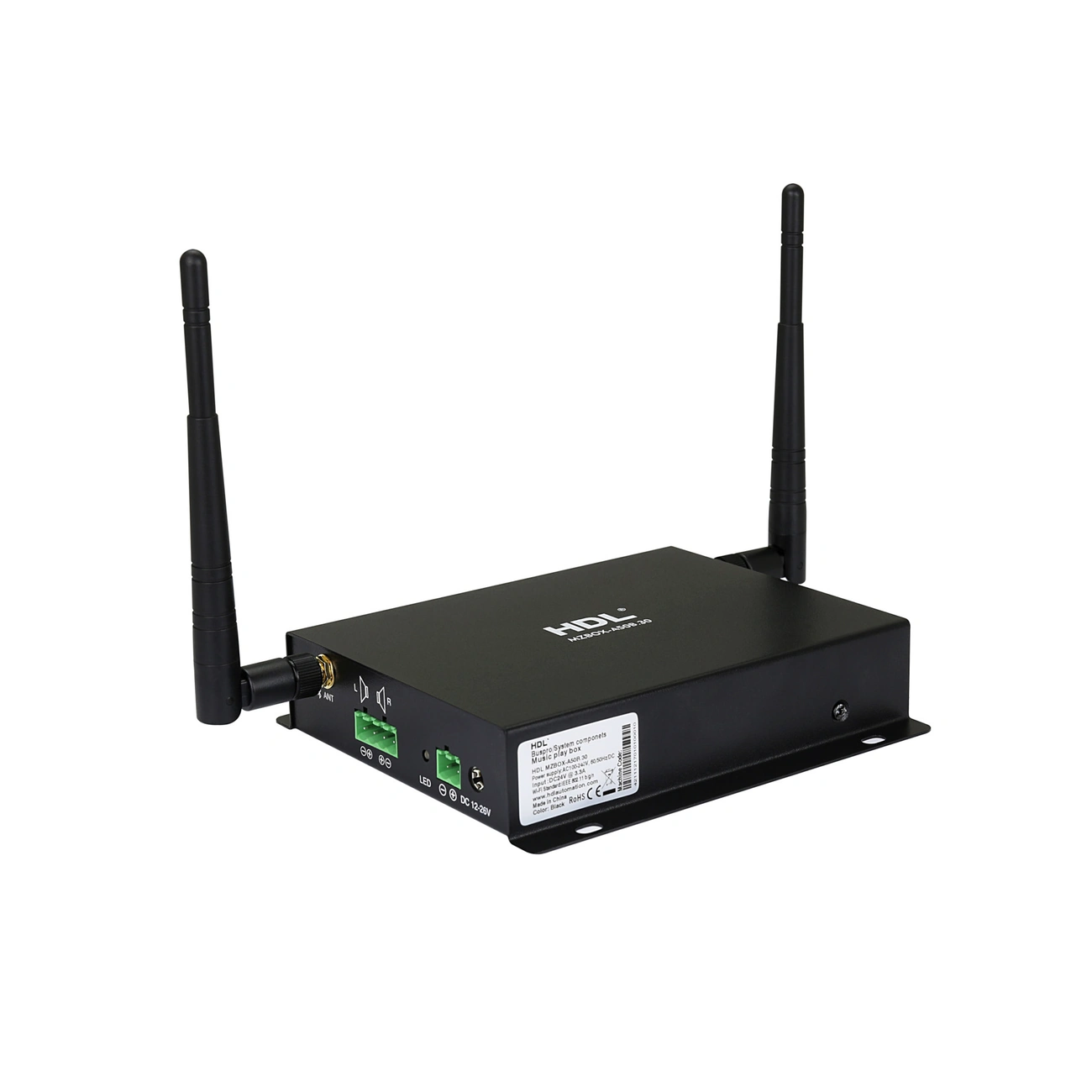 hdl-mzbox-a50b-30-gateway-left-connections-02 پلیر صوتی تحت شبکه HDL مدل MZBOX-A50B.30 با بدنه مشکی، دو آنتن Wi-Fi و پورتهای LAN، USB و ورودی و خروجی صدا
