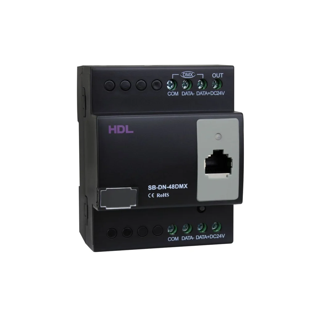 کنترلر DMX هوشمند HDL مدل MC48IP-DMX.431 با بدنه مشکی، خروجی DMX، پورت RJ45 و رابط HDL Buspro