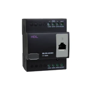 کنترلر DMX هوشمند HDL مدل MC48IP-DMX.431 با بدنه مشکی، خروجی DMX، پورت RJ45 و رابط HDL Buspro