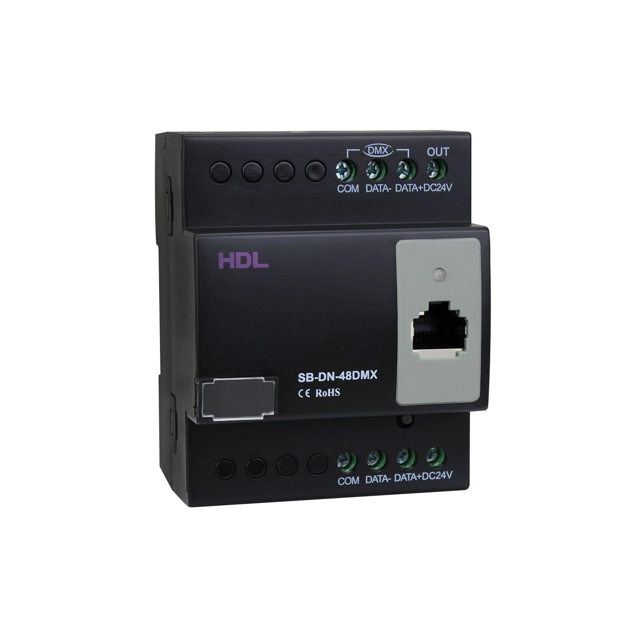 hdl-sb-dn-48dmx-dmx-controller-front-left-07 کنترلر DMX هوشمند HDL مدل MC48IP-DMX.431 با بدنه مشکی، خروجی DMX، پورت RJ45 و رابط HDL Buspro