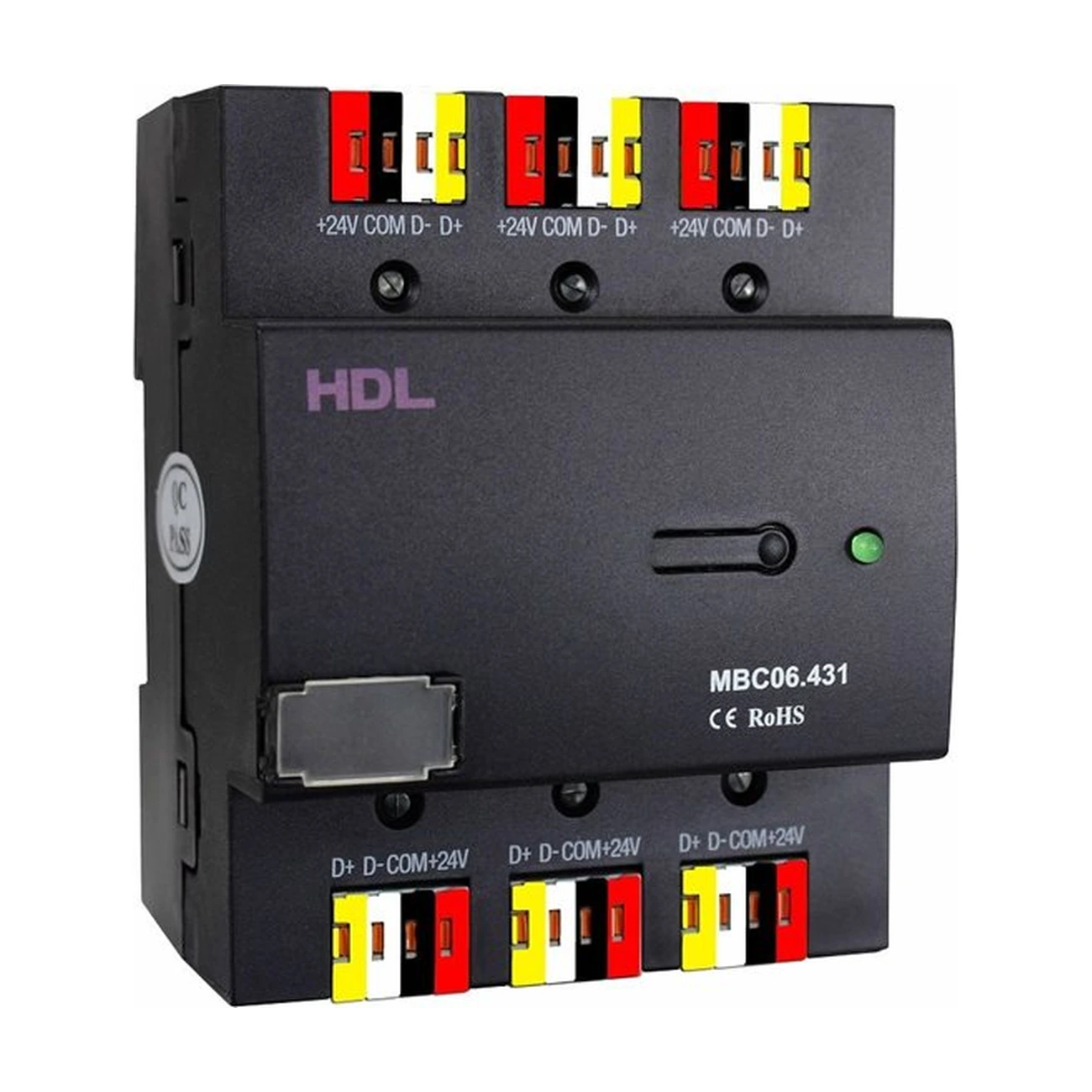 HDL-MBC06-431-view-01 هاب سیمکشی ۶ خط Buspro برند HDL مدل MBC06.431 با ۶ ترمینال رنگی Buspro برای نصب روی ریل DIN