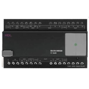 کنترلر میکس اتاق هتل HDL 20 کانال مدل MHD02R18U.232 با ترمینالهای متعدد و بدنه مشکی مخصوص نصب روی ریل DIN