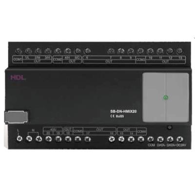 HDL-MHD02R18U-232_MAX کنترلر میکس اتاق هتل HDL 20 کانال مدل MHD02R18U.232 با ترمینالهای متعدد و بدنه مشکی مخصوص نصب روی ریل DIN