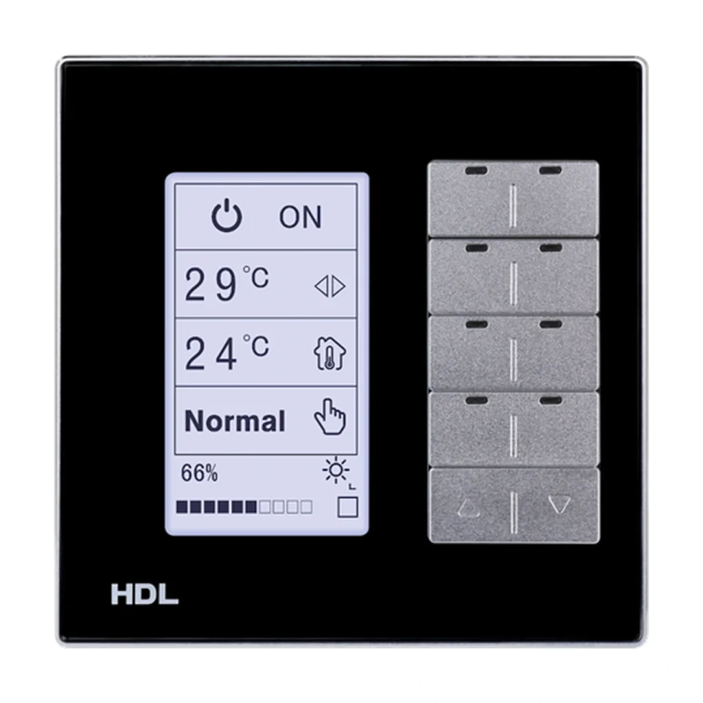 پنل هوشمند ۸ کلید HDL مدل MPL8.48-A با نمایشگر LCD و کلیدهای کنترلی نقره‌ای