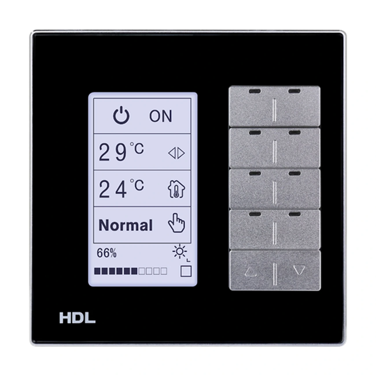 HDL-MPL8-48-A-view-01 پنل هوشمند ۸ کلید HDL مدل MPL8.48-A با نمایشگر LCD و کلیدهای کنترلی نقرهای