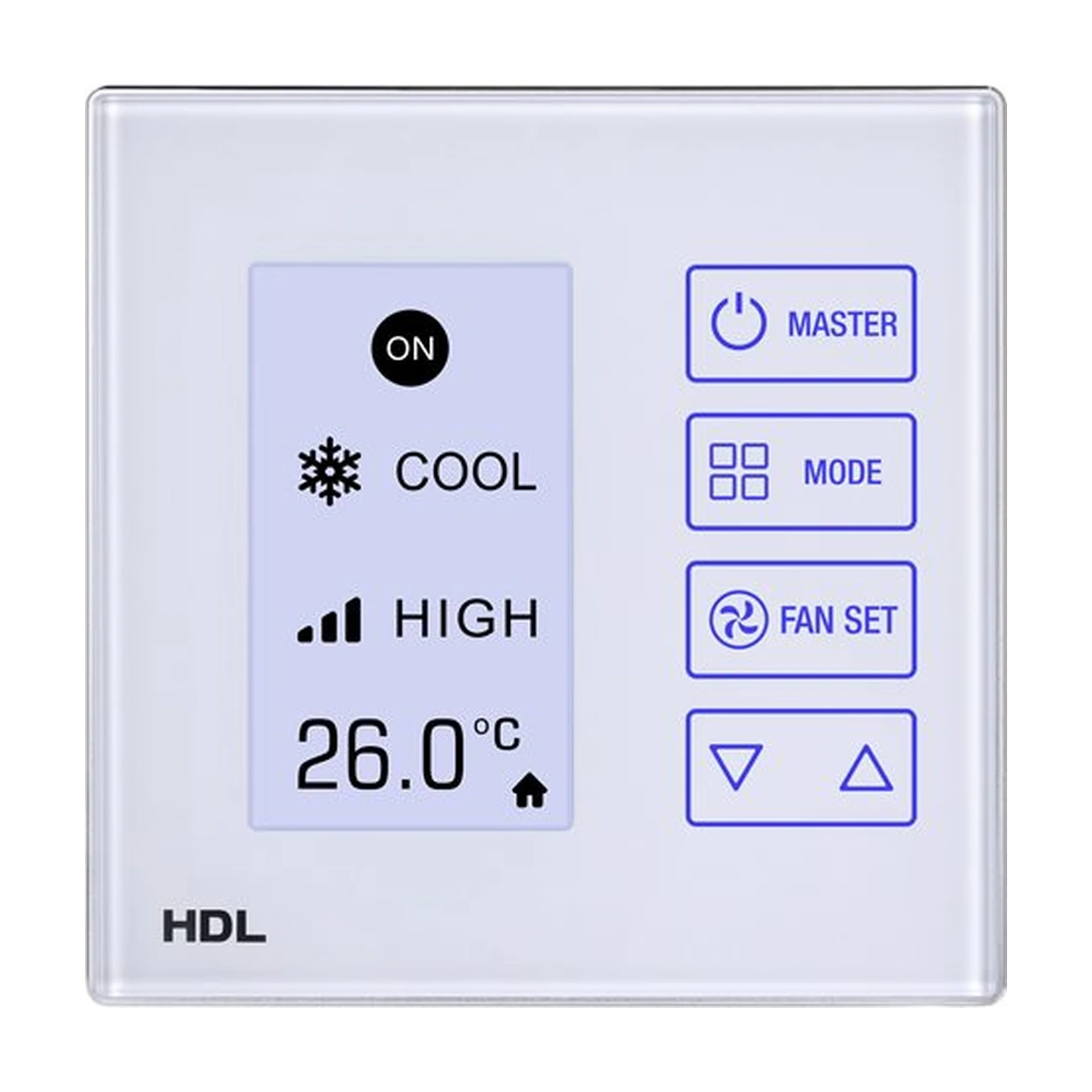 HDL-MPTAC01-48-A-view-01 تاچ پنل کنترل تهویه HDL مدل MPTAC01.48-A با نمایشگر LCD و کلیدهای لمسی کنترل دما و فن