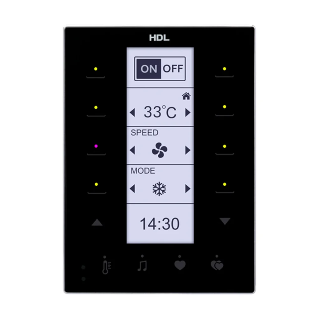 تاچ پنل هوشمند HDL مدل MPTL14.46-A با نمایشگر LCD، کلیدهای لمسی و چهار کلید میانبر